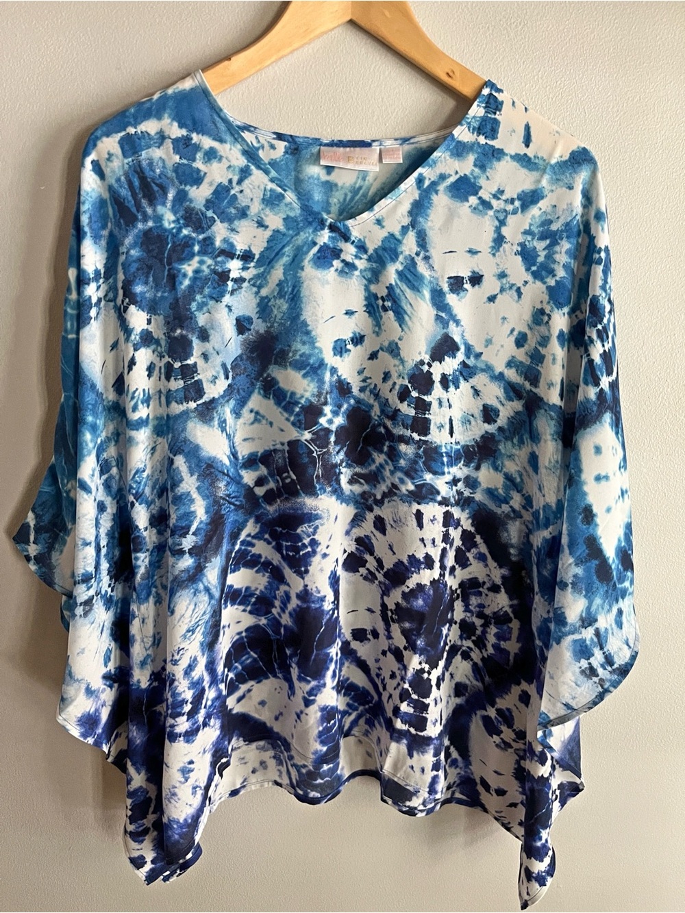 Belle Kim Gravel Blue Tie Dye Caftan Blouse Oversized Boho Top Small